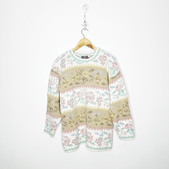 VINTAGE 90s Chunky Sweater Victorian floral Beige sparkly overesized thick Small - Picture 1 of 6